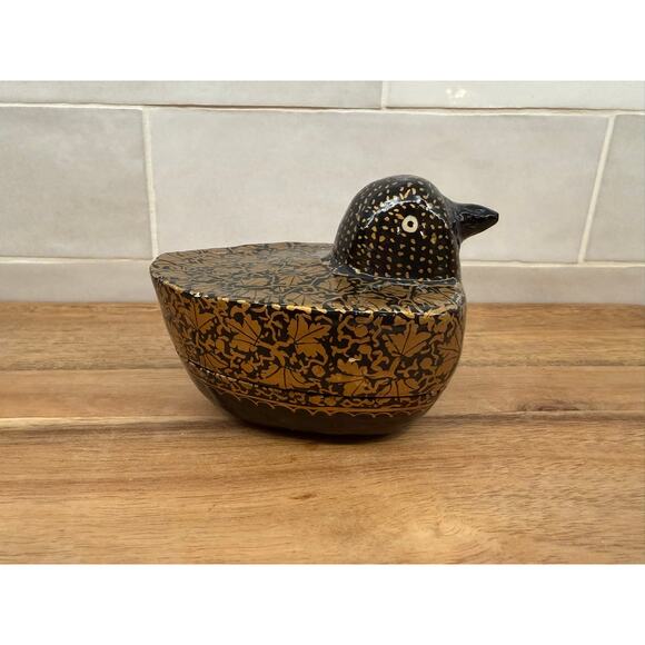 Vintage Kashmiri Hand painted Black Duck Box Small - Picture 3 of 9